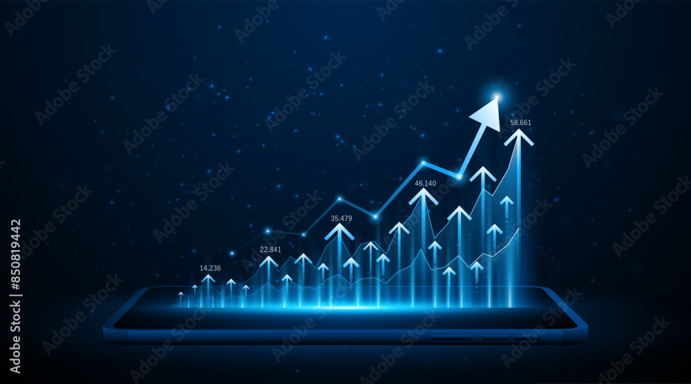 Poster arrow pointing upwards for future company growth set on tablet or smartphone. stock market graph wit
