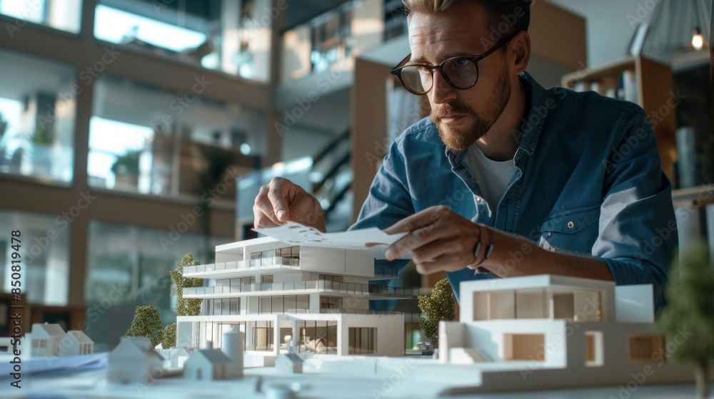 Aufkleber A man is working on a model of a building