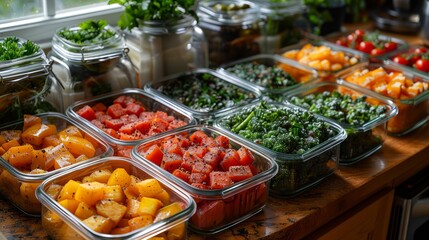 Obraz premium Colorful Meal Prep Containers on a Wooden Counter