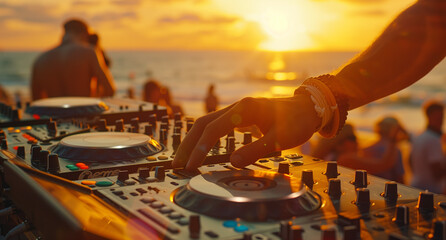 A close-up shot of hands on turntables, with people dancing in soft focus behind at sunset during an outdoor party. A photo of DJ equipment on the beach with a sunset and crowd in the background. 