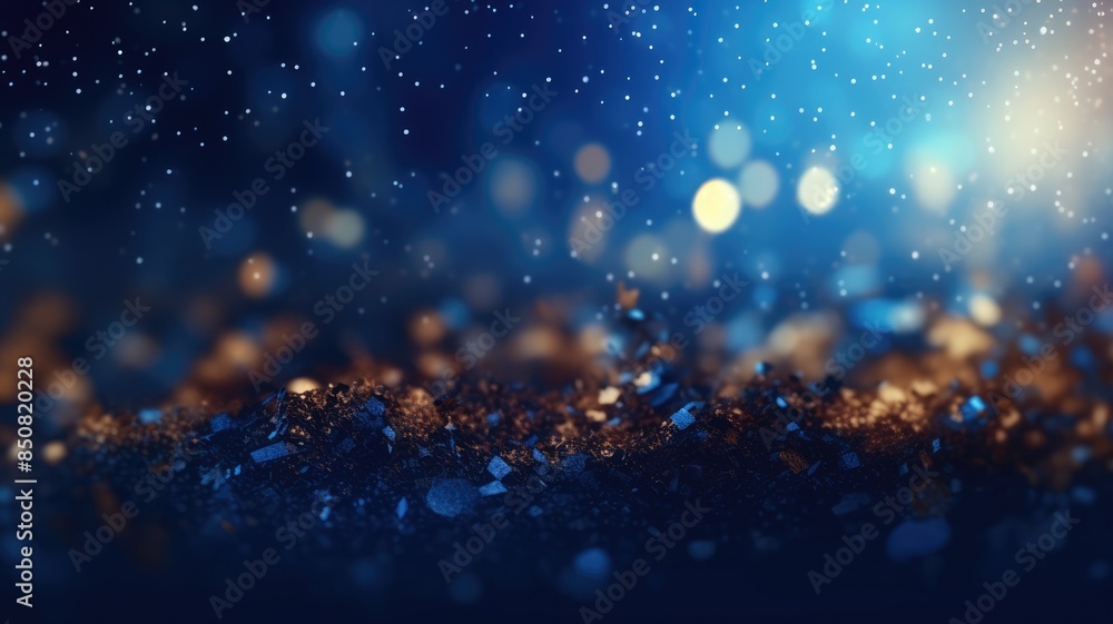 Poster bokeh lights on a gradient blue background. numerous sparkly gold particles of various sizes scatter