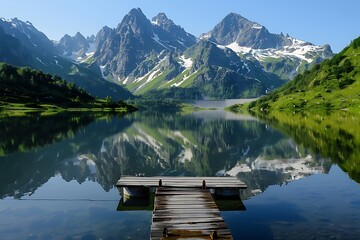 A serene mountain lake with a small wooden dock and reflections of the peaks. - Powered by Adobe