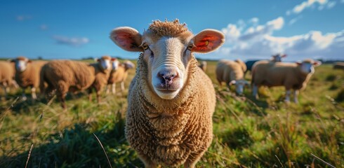 Fototapeta premium A Close-Up of a Sheep in a Field on a Sunny Day