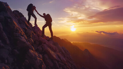 Hikers Helping Each Other Reach the Summit at Sunrise.