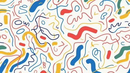 Artistic minimalist seamless pattern of colorful line doodles, perfect for an uncomplicated and playful design for youngsters.