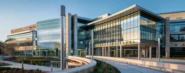 A sleek, modern government building with digital interfaces and transparent architecture.