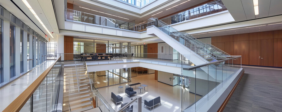 A sleek, modern courthouse with digital interfaces and transparent walls.