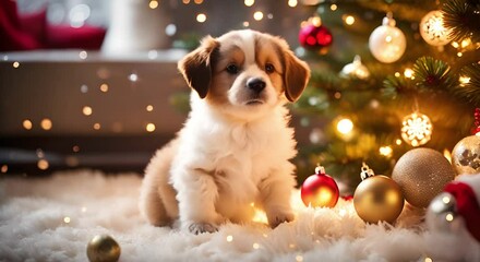 Small cute puppy with Christmas ornaments against festive Christmas background with New Year tree and bokeh lights. Holiday puppy by festive decorations. Christmas celebration with adorable young dog.