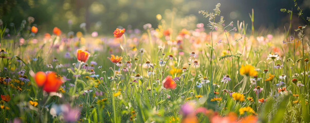 A spring meadow filled with colorful wildflowers and bright sunshine. © AI_images_for_people