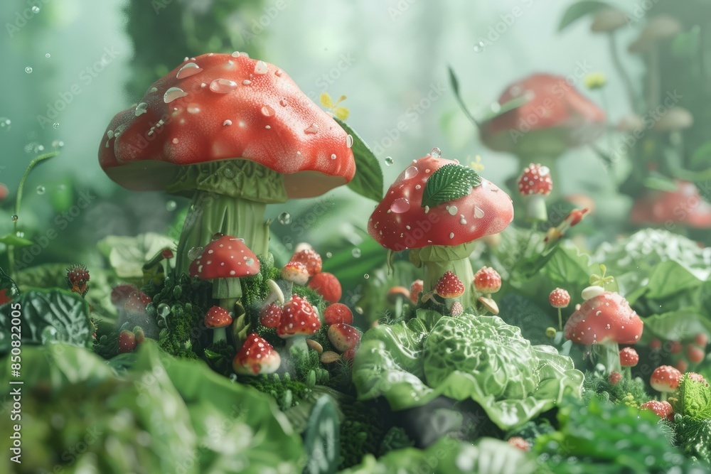 Poster Magical scene depicting vibrant red mushrooms amidst a lush, misty fairytale forest