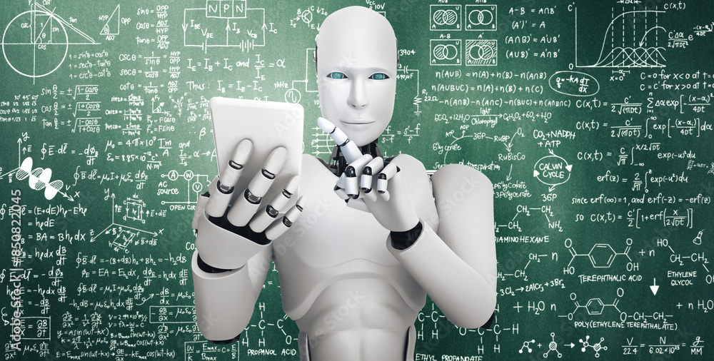 Poster mlp 3d illustration robot humanoid use mobile phone or tablet for engineering science studying using