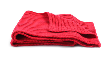 One red knitted scarf on white background