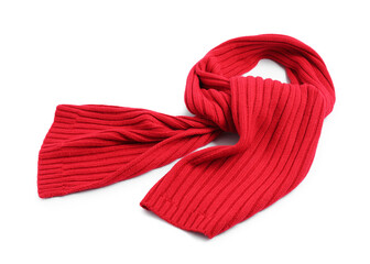 One red knitted scarf on white background