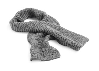 One grey knitted scarf on white background