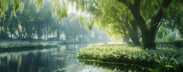 A tranquil riverside with blooming willow trees and soft, dappled light.