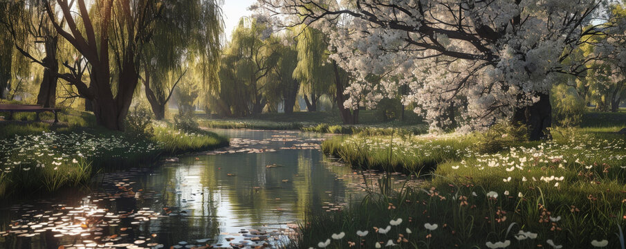 A tranquil riverside with blooming willow trees and soft, dappled light.
