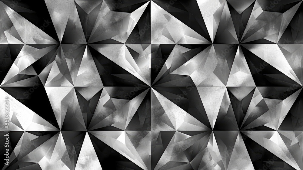 Poster abstract geometric pattern with repeating diamonds and sharp lines in monochromatic tones, providing