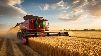Fototapeta premium Golden Hour Grain Harvesting with Combine