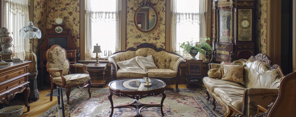 A Victorian parlor with ornate furniture and floral wallpaper.