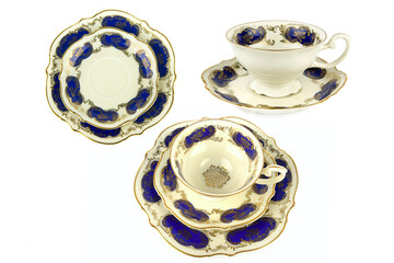 Vintage porcelain tableware, cups, saucers, plates isolated on white. Collage.