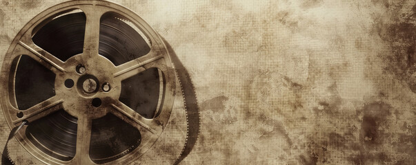 Obraz premium A vintage film reel with sepia tones and film grain texture.