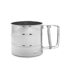 One metal sieve isolated on white. Cooking utensil