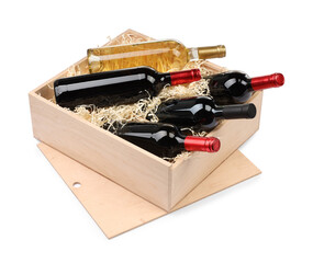 Wooden gift box with wine bottles isolated on white
