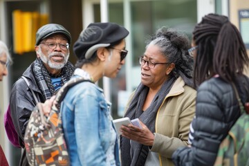 Fototapeta premium United Voices: Diverse Voters Socializing Outside Multicultural Community Center