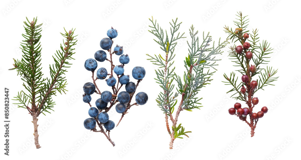Poster assorted evergreen branches with berries isolate on transparent background for botanical and nature-