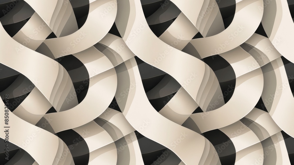 Poster abstract geometric pattern with interwoven lines and shapes in neutral tones, creating a sophisticat