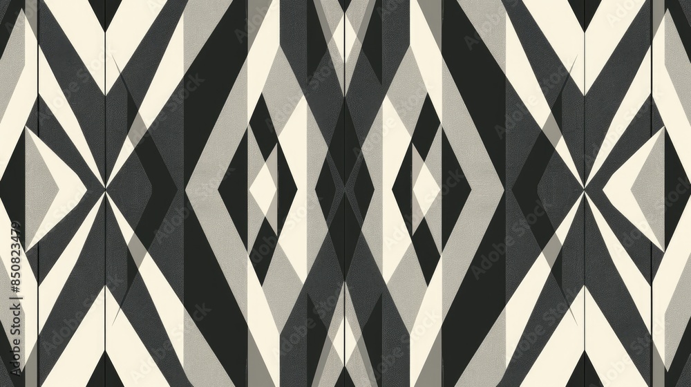 Poster abstract geometric pattern with repeating diamonds and sharp lines in monochromatic tones, providing