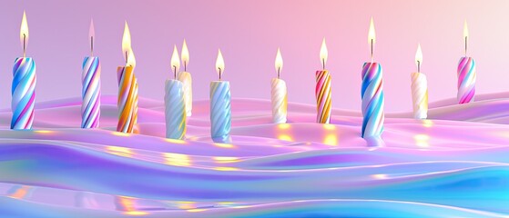 Colorful striped candles burning against a pastel background, perfect for celebrations, birthdays, and festive events.