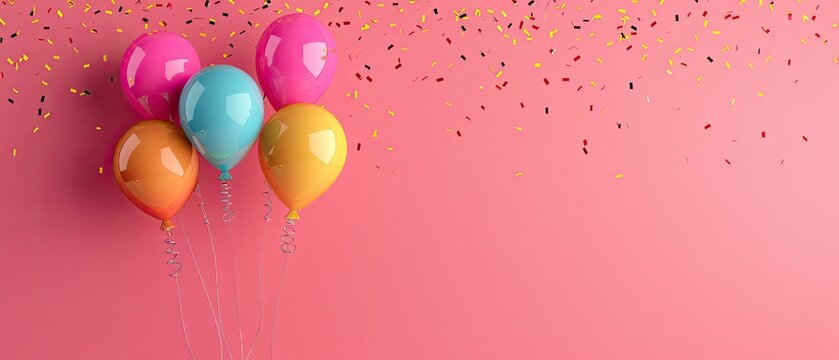 Colorful balloons and confetti against a pink background. Perfect for celebrations, parties, and festive occasions.