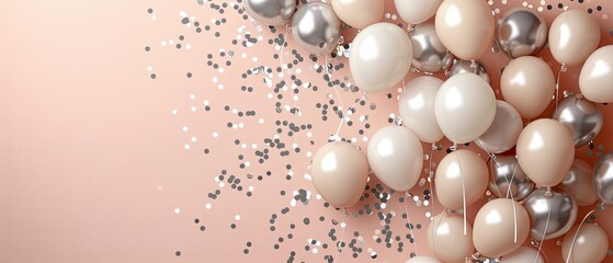 Light cream pastel balloons and silver confetti on a pale pink background, evoking celebration