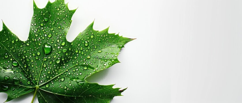 Green leaf with water droplets on a blank background, providing clear copyspace