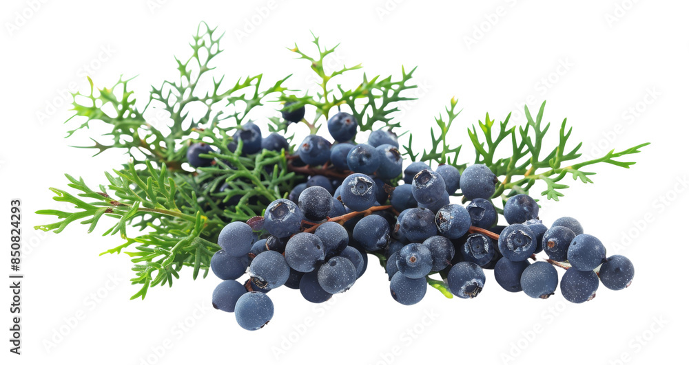Poster fresh juniper berries with green foliage isolate on transparent background - high-resolution stock p