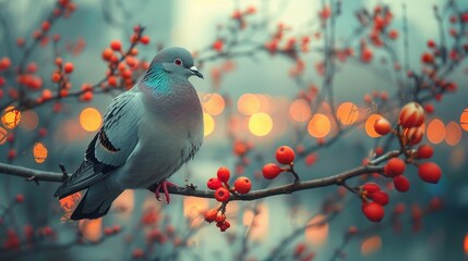 Obraz premium Pigeon Perched on a Branch with Red Berries