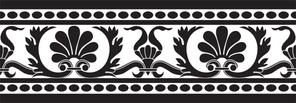 Vector monochrome black seamless classic renaissance ornament. Endless european border, revival style frame