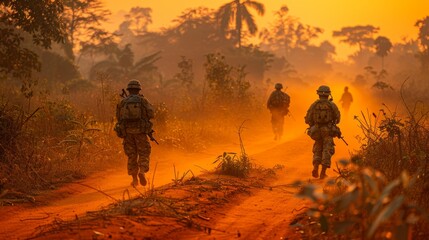 Obraz premium Military Patrol in African Jungle during Sunset with Soldiers Walking on Dirt Path