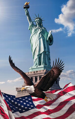 Naklejka premium Statue of Liberty and fireworks on the background of the American flag, Statue of Liberty and American Flag in the smoke. 3d illustration