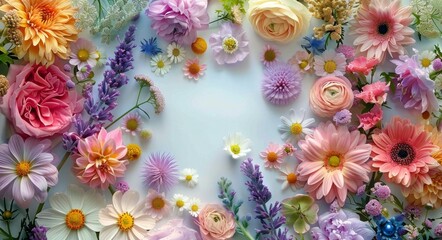 Colorful Wildflowers Arranged In A Circle On A White Background