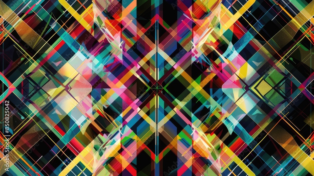 Poster abstract geometric pattern with intersecting lines and vibrant colors, forming a complex and captiva