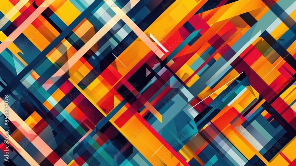 Poster abstract geometric pattern with intersecting lines and vibrant colors, forming a complex and captiva