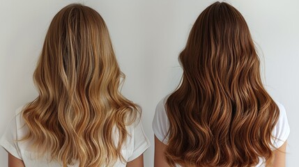 Fototapeta premium Before And After Hair Treatment Comparison Showing Blonde And Brunette Hair On White Background