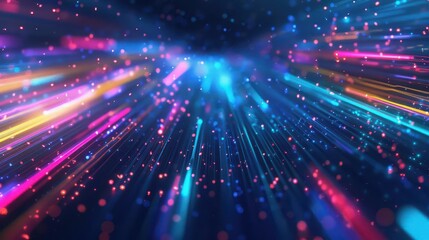 abstract dark blue background with colorful neon light streaks and beams glowing futuristic technology digital art