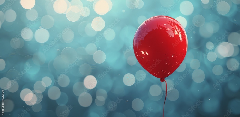 Poster single red balloon floating against a teal bokeh background