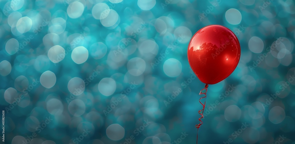 Poster single red balloon floating against a teal bokeh background