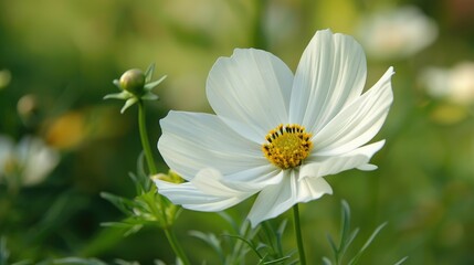 Obraz premium A solitary white flower in a garden, exuding a sense of serenity and calmness in its solitary beauty.