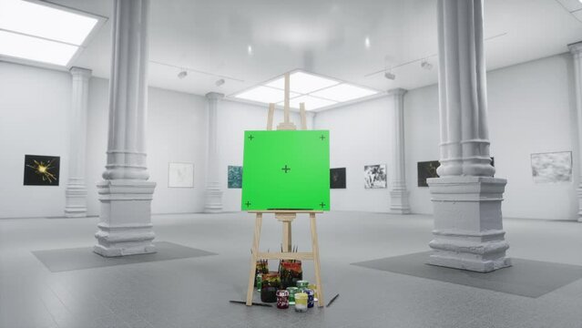 Wooden Easel With Green Screen Canvas Standing In Gallery, Mockup