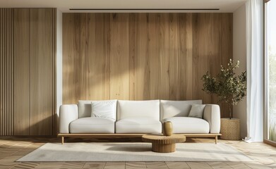 Modern Living Room Interior Design With White Sofa and Wooden Wall